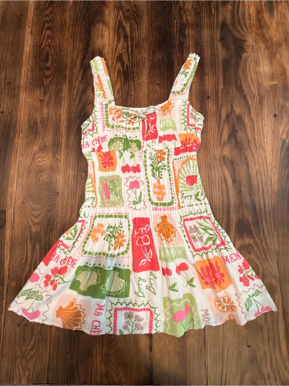 Le Lis Floral Patchwork Mini Dress in White, Green & Coral
